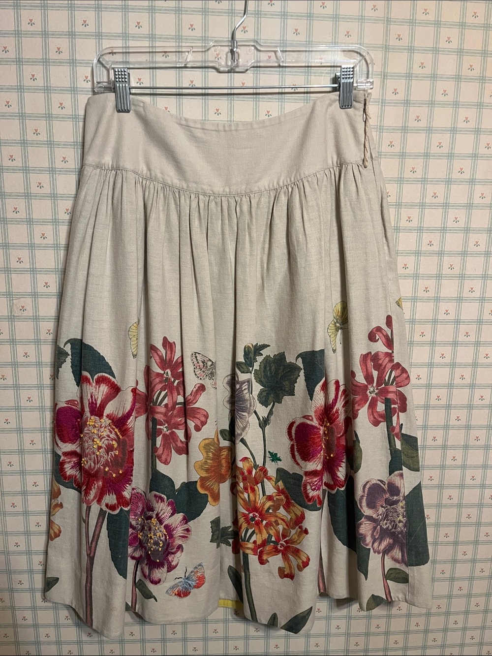 Meadow Rue Cream A-Line Midi Skirt with Multicolor Floral Border